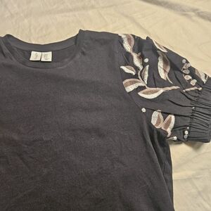 JOIE Black Embroidered Puff Sleeve T-Shirt Top Women's Size XL